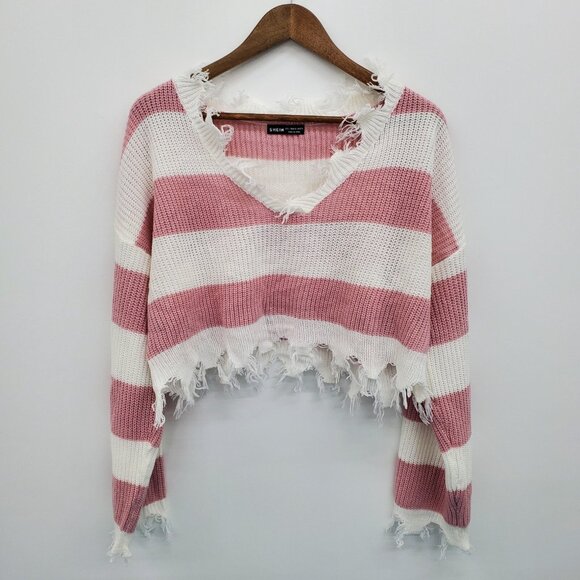 Womens L Striped Distressed Cropped Sweater Pink White Long Sleeve Grunge Y2K - Picture 4 of 16